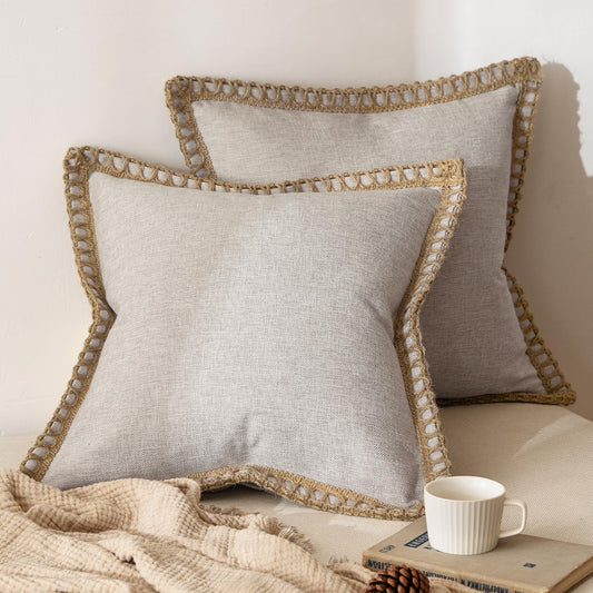 Pack of 2 Decorative Throw Pillow Covers Modern Farmhouse Outdoor Pillow Covers Neutral Linen Burlap Cushions for Couch Bed Living Room Sofa, Greyish White 18 X 18 Inches 45 X 45 Cm