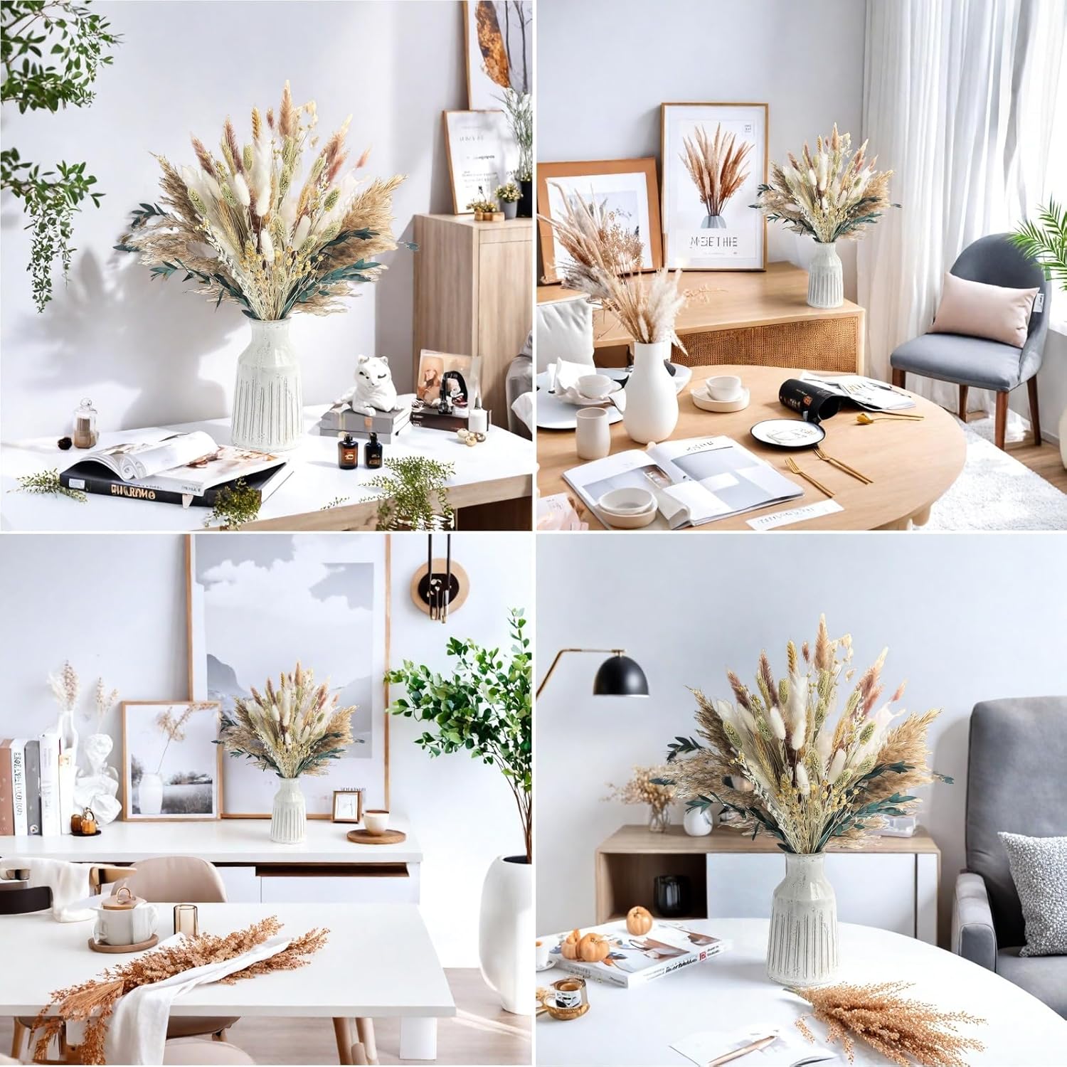 126Pcs Dried Pampas Grass Decorations, (Vase Not Included), Dried Flowers Bouquet, Reed Grass Bouquet for Boho Floral Wedding, Bedroom, Rustic Farmhouse Decor.