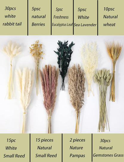 126Pcs Dried Pampas Grass Decorations, (Vase Not Included), Dried Flowers Bouquet, Reed Grass Bouquet for Boho Floral Wedding, Bedroom, Rustic Farmhouse Decor.