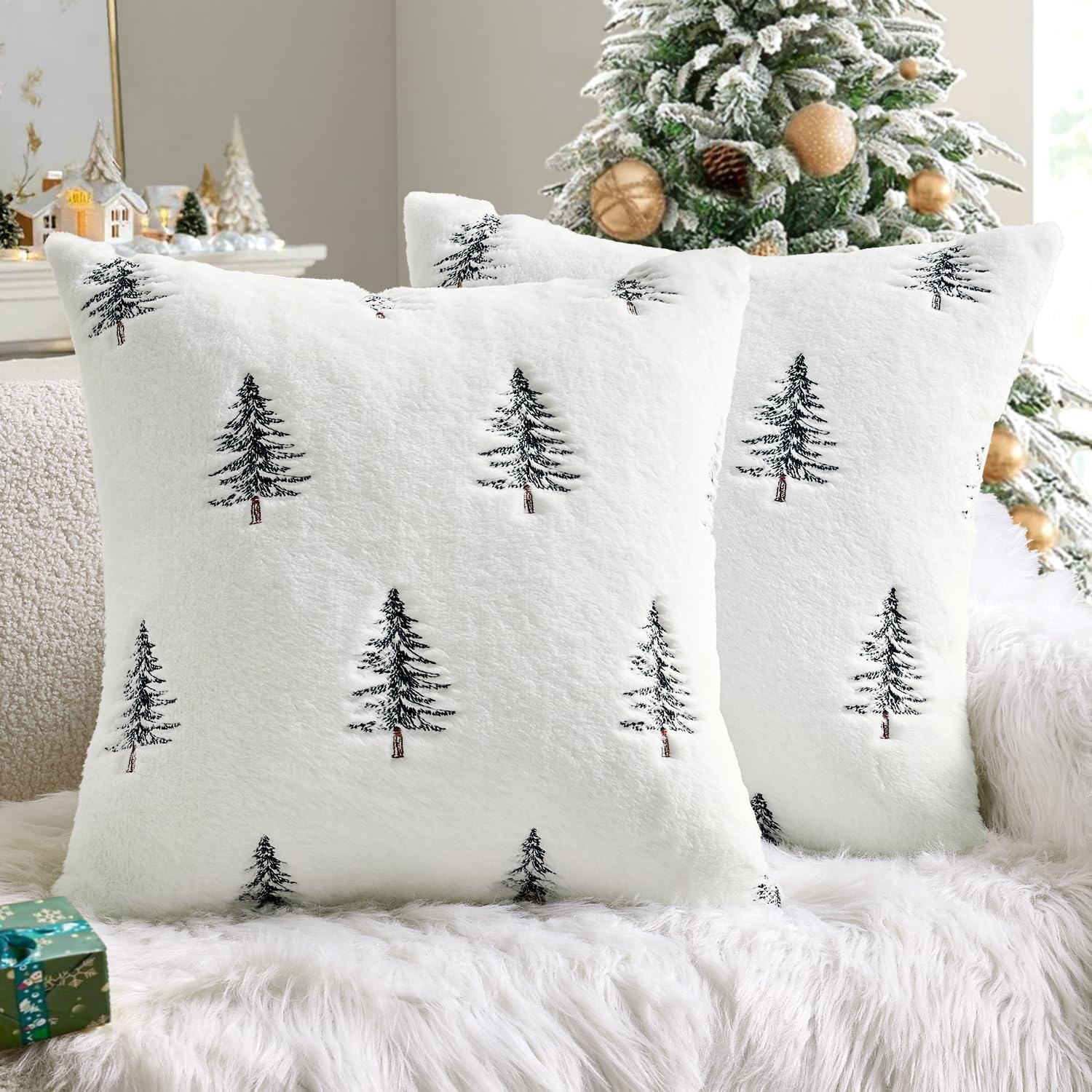 Christmas Decorative Pillow Covers Set of 2 Faux Fur Throw Pillows with Embroidered Christmas Tree 18X18 Inch White Black Winter Couch Covers for Festival Sofa Bedroom Living Room Home Decor