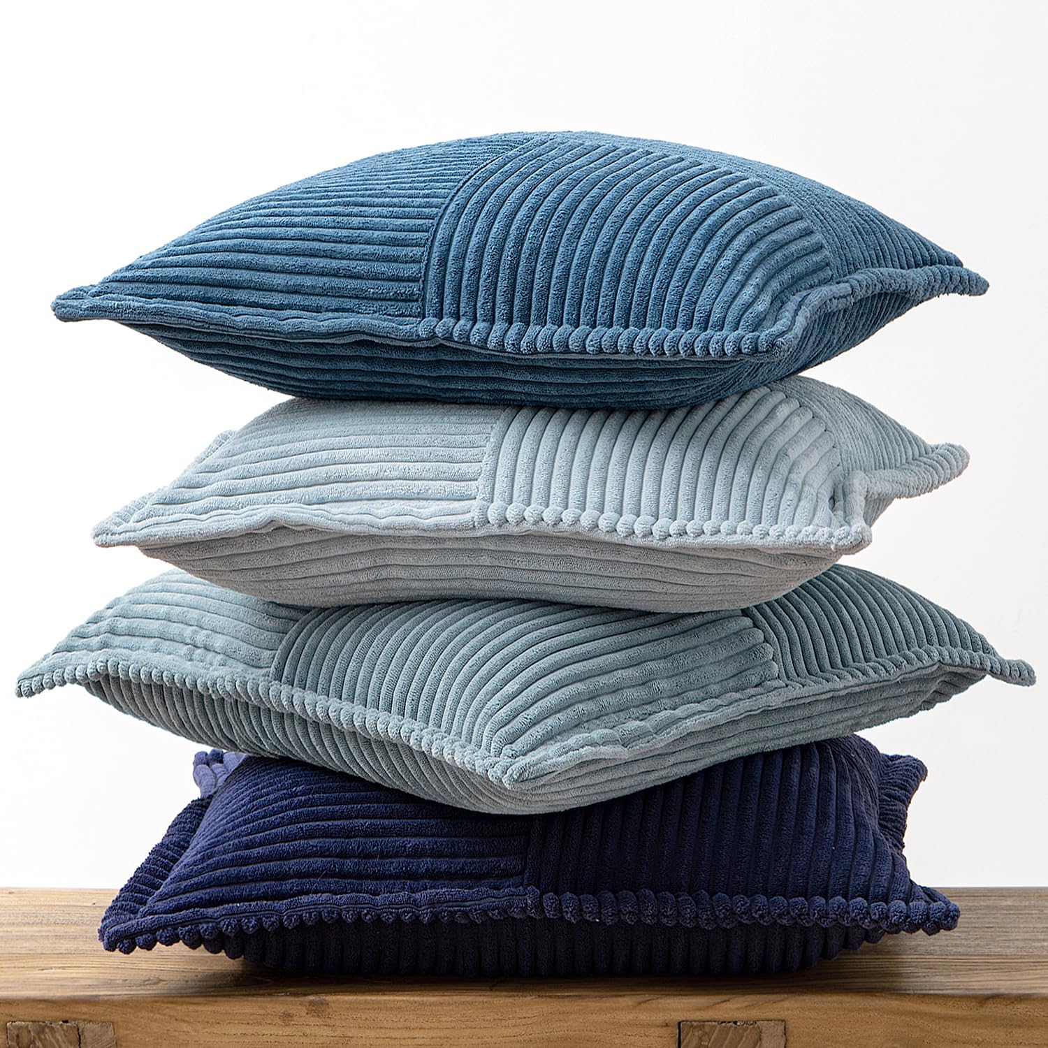 Dusty Blue Navy Throw Pillow Covers 18X18 Inch 4 Packs Soft Boho Decorative Gradient Series Pillow Cases Farmhouse Euro Cushion Covers for Couch Sofa Bed Corduroy Striped Home Decor