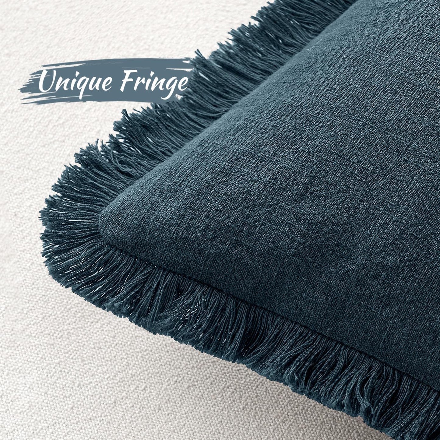 Decorative Throw Pillow Covers Neutral Linen Fringe Throw Pillows Set of 2 Navy Blue Boho Farmhouse Cushion Covers with Tassels for Couch Sofa Bed Living Room Spring Home Decor 18X18 Inch