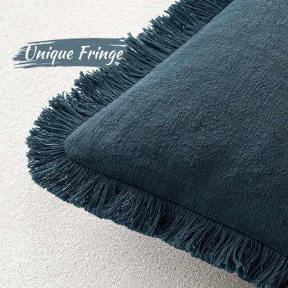 Decorative Throw Pillow Covers Neutral Linen Fringe Throw Pillows Set of 2 Navy Blue Boho Farmhouse Cushion Covers with Tassels for Couch Sofa Bed Living Room Spring Home Decor 18X18 Inch