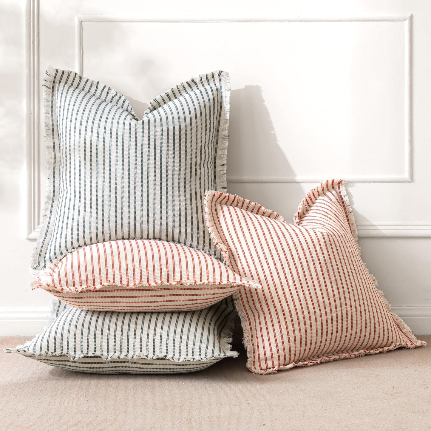 Pack of 2 Christmas Dark Green Pillow Covers 20X20 Inch Striped Farmhouse Couch Throw Pillow Covers with Fringe Chic Linen Decorative Cushion Covers for Sofa Living Room Bed Outdoor Home Decor