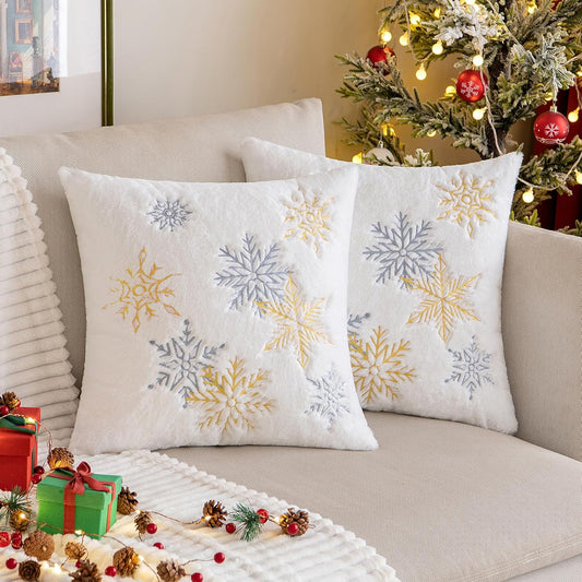 Pack of 2 Christmas Decorative Throw Pillow Covers Soft Faux Fur Pillow Cases with Embroidery Snowflake Winter Cute Pillowcases Holiday Decor for Couch Sofa Bedroom, 18×18 Inch, Yellow