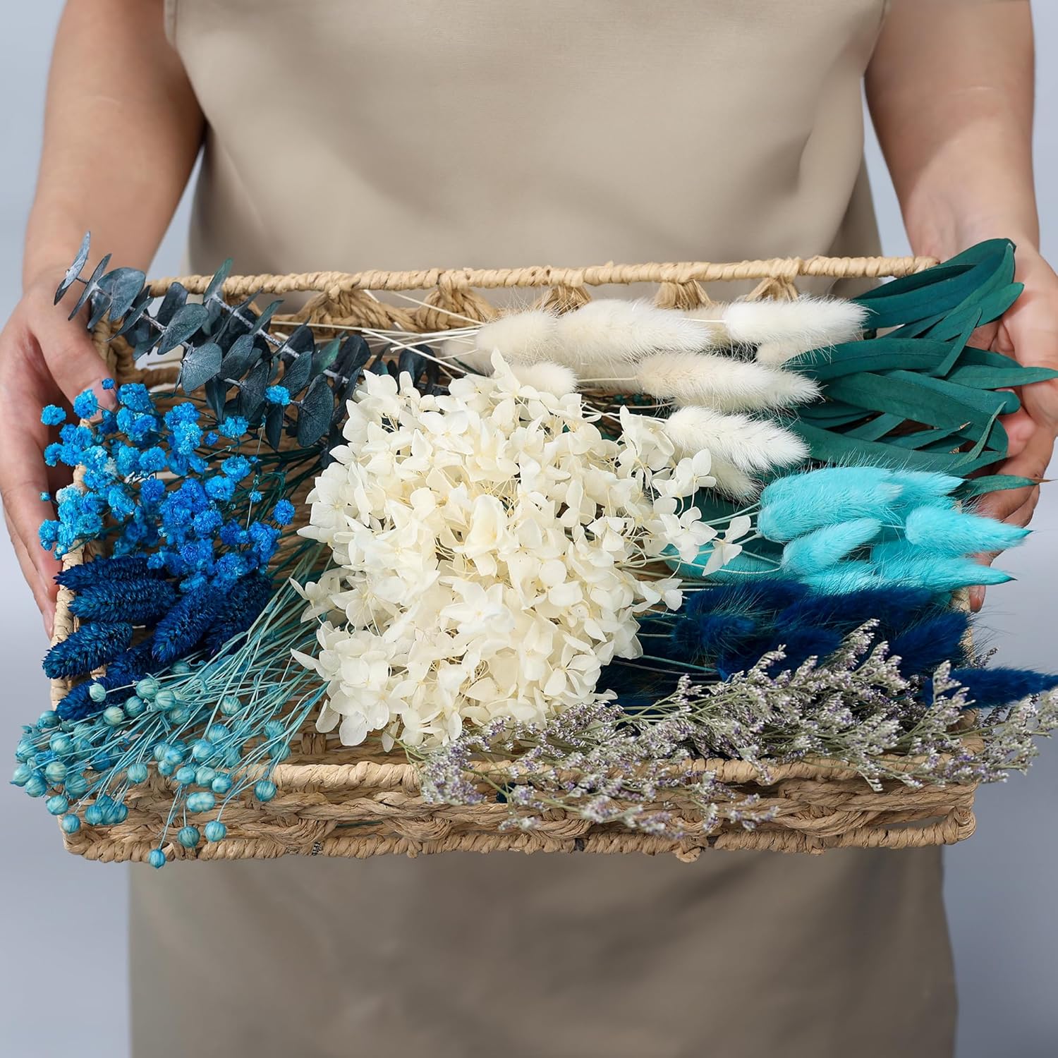 DIY Natural Dried Flower Set, Blue Large Package with Stem Flowers for Vases, Handmade Creative, Door Hanging Wreath, Table Centerpiece Mini Dried Flower Bouquet (Peacock Blue)