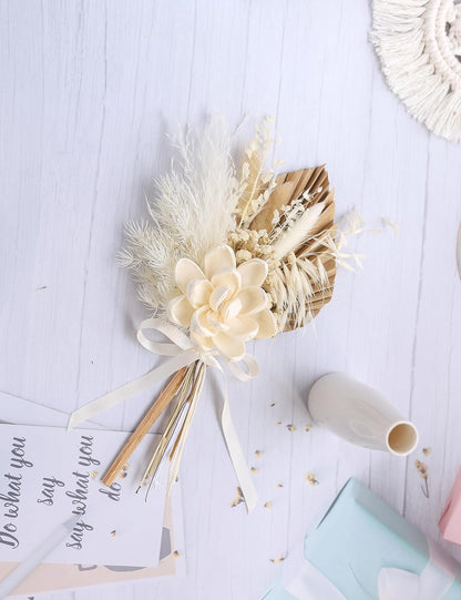 Dried Flowers Bouquet with Vase,Dried Pampas Grass Bouquet, Dried Flowers for Boho Home Decor,Farmhouse Decor, Wedding Party Table Centrepieces. (White)