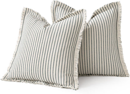 Pack of 2 Christmas Dark Green Pillow Covers 20X20 Inch Striped Farmhouse Couch Throw Pillow Covers with Fringe Chic Linen Decorative Cushion Covers for Sofa Living Room Bed Outdoor Home Decor