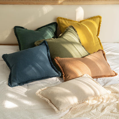 Decorative Throw Pillow Covers Neutral Linen Fringe Throw Pillows Set of 2 Navy Blue Boho Farmhouse Cushion Covers with Tassels for Couch Sofa Bed Living Room Spring Home Decor 18X18 Inch