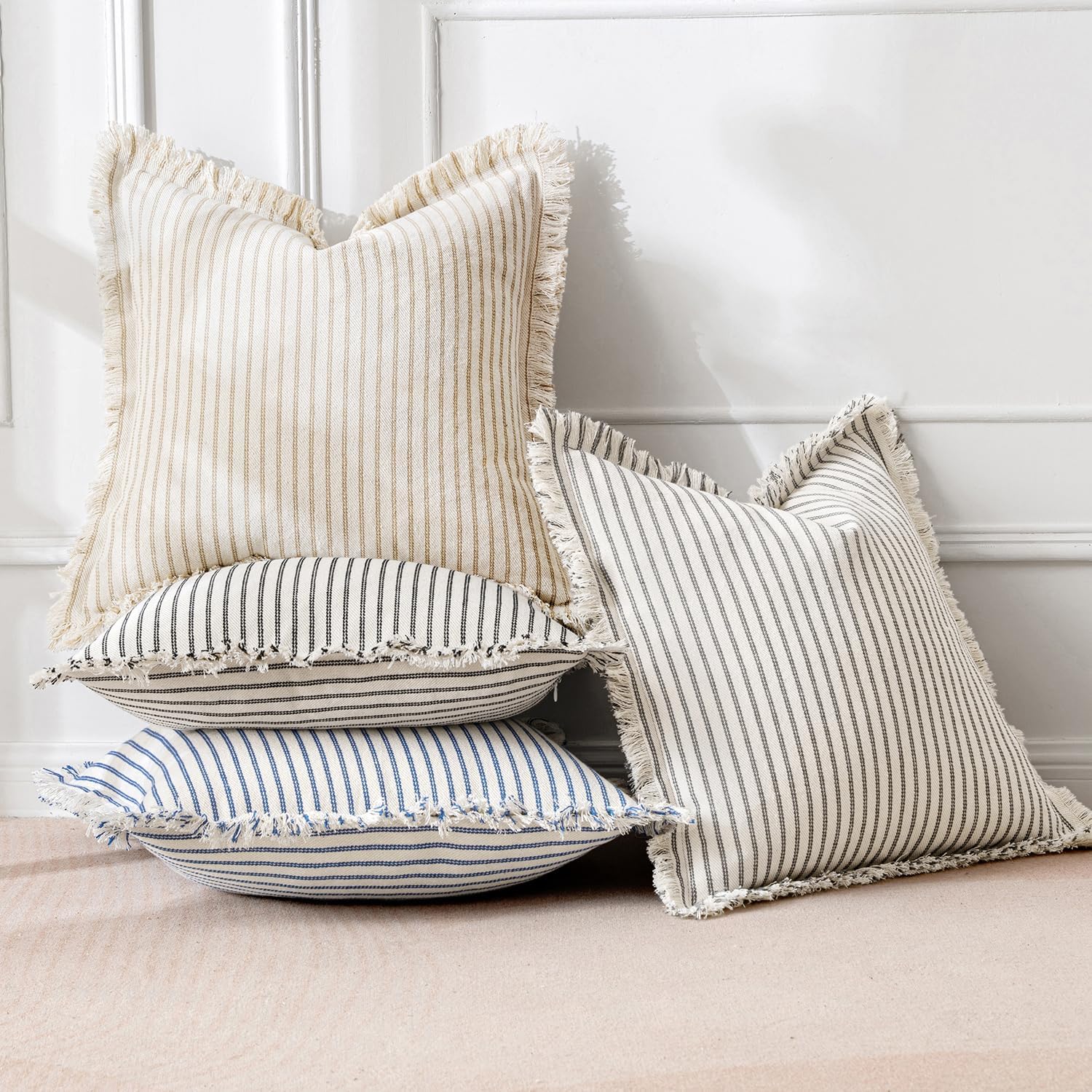 Pack of 2 Khaki Pillow Covers 20X20 Inch Striped Farmhouse Couch Throw Pillow Covers with Fringe Chic Linen Decorative Cushion Covers for Sofa Living Room Bed Outdoor Home Decor
