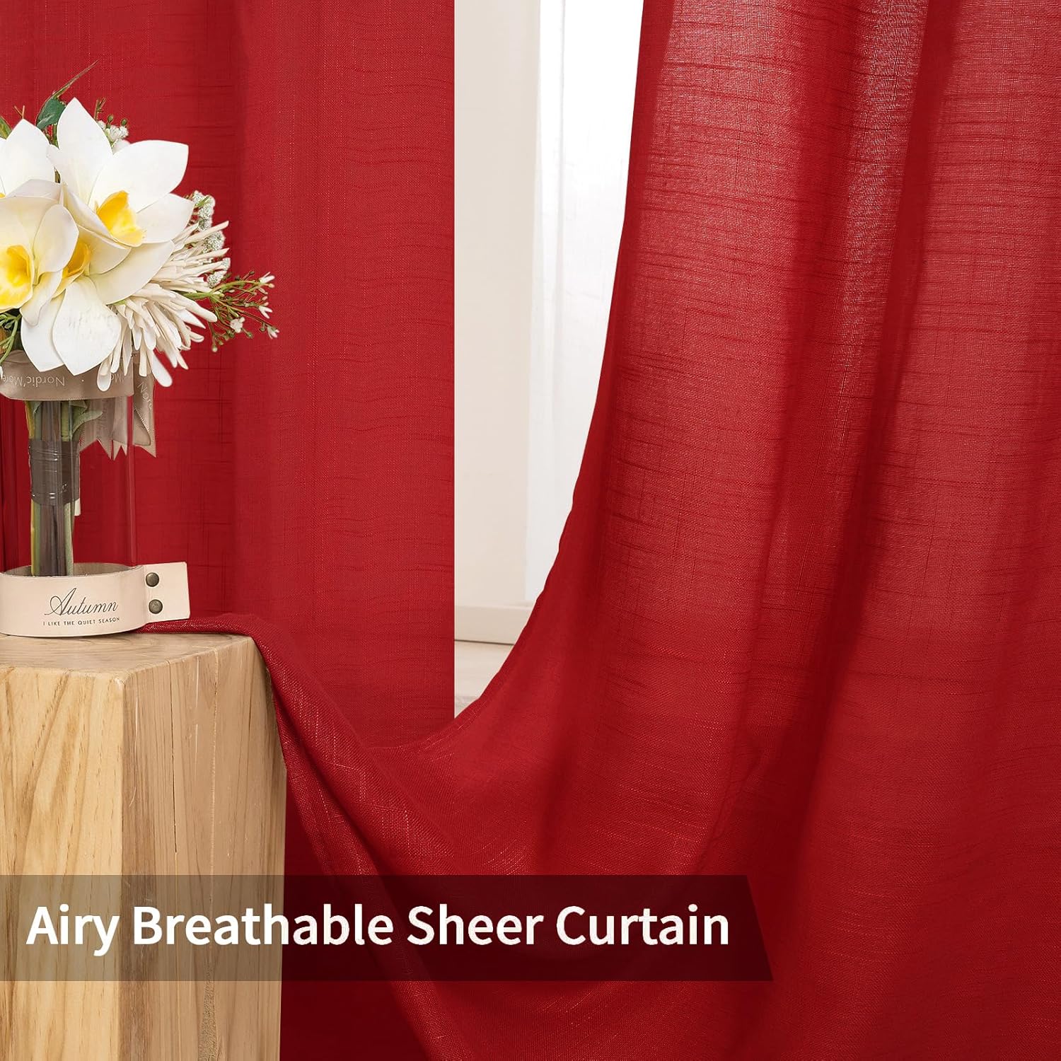 2 Panels Natural Linen Sheer Window Curtains Elegant Red Drapes Grommet Top Window Voile Drapes Linen Textured Panels for Bedroom Living Room (52X90 Inch)