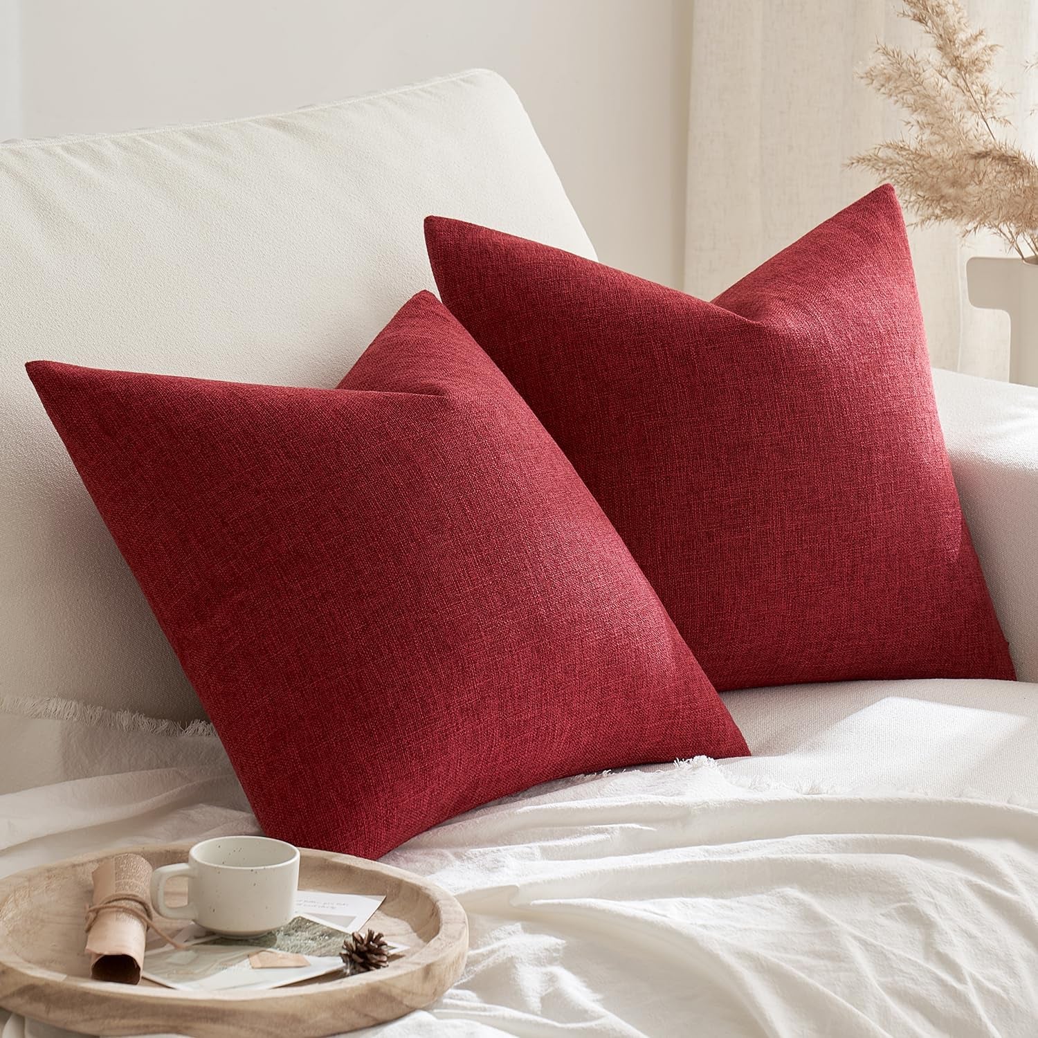 Pack of 2 Decorative Farmhouse Linen Pillow Covers Rustic Boho Accent Outdoor Couch Throw Pillow Covers for Cushion Bed Sofa Living Room Home Decor 20X20 Inch Burgundy