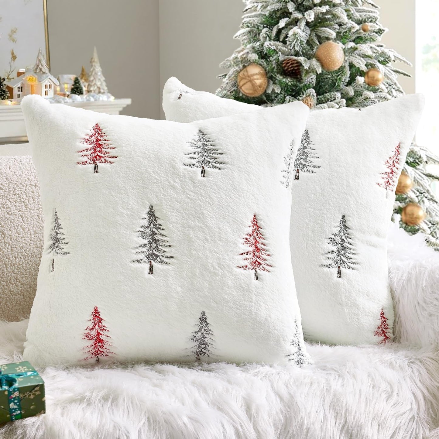 Christmas Decorative Pillow Covers Set of 2 Faux Fur Throw Pillows with Embroidered Christmas Tree 18X18 Inch White Red Winter Couch Covers for Festival Sofa Bedroom Living Room Home Decor