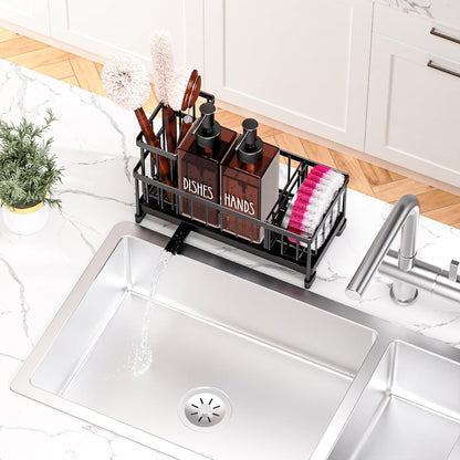 Dish Soap Dispenser, 12 Fl Oz Dual Kitchen Soap Dispensers with Sponge Holder, Plastic Pump Amber Glass Bottle Kitchen Soap Dispenser Set, Modern Hand and Dish Soap Bottle Set Removable