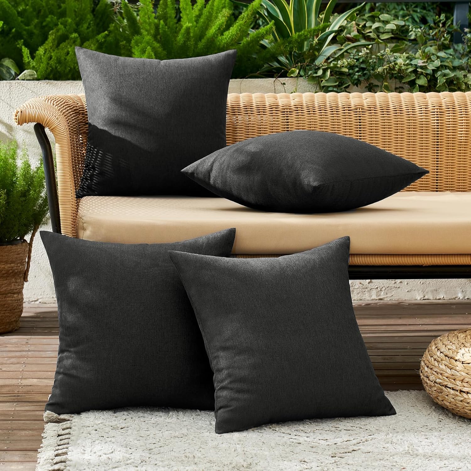 Pack of 4 Decorative Outdoor Throw Pillow Covers Linen Waterproof Pillow Covers Farmhouse Cushion Cases for Patio Garden Tent Balcony Couch Sofa 16X16 Inch Black