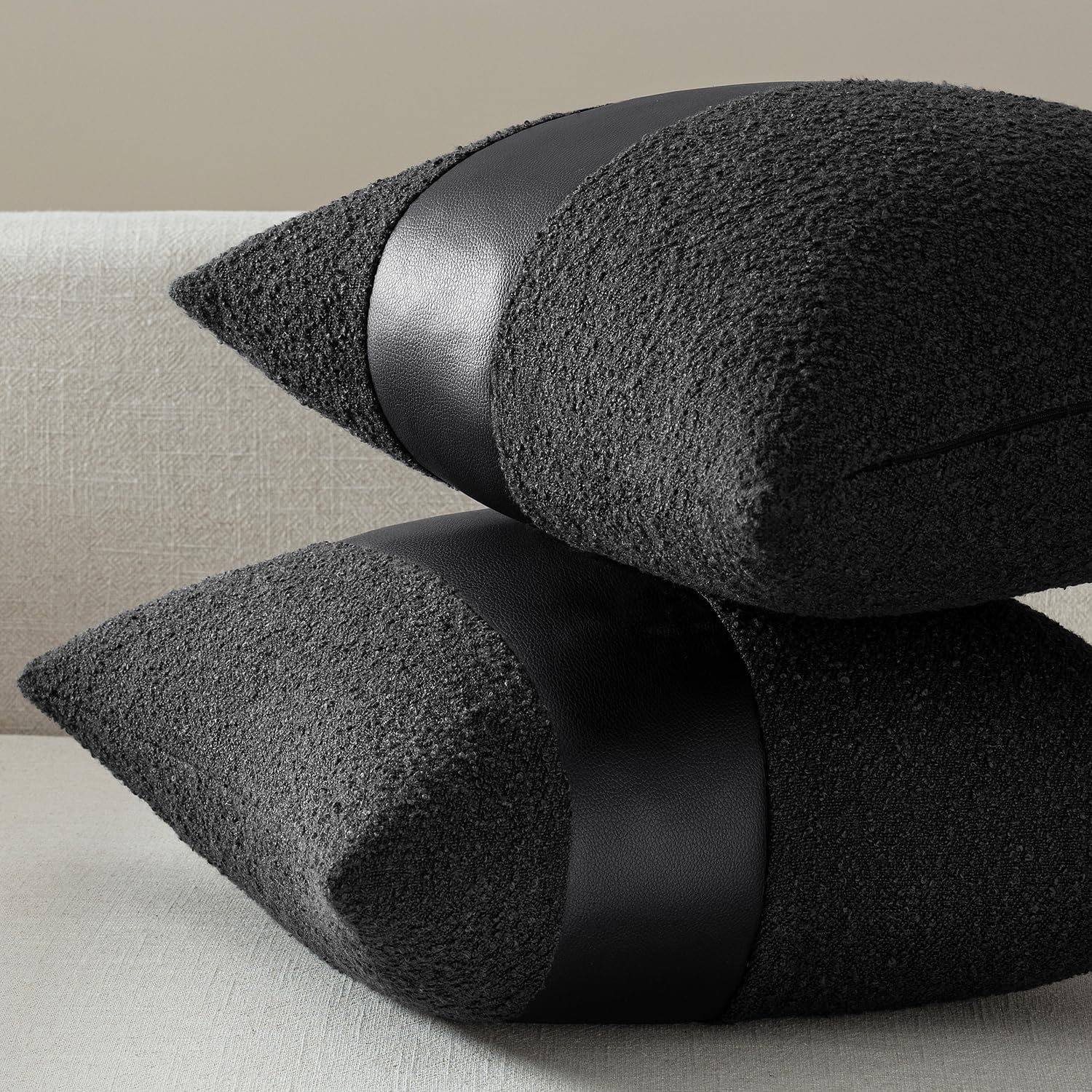 Boucle Throw Pillow Covers 18X18 Inch Set of 2 Black Faux Leather Textured Decorative Pillow Cases Boho Farmhouse Accents Cushion Covers for Couch Bed Livingroom Home Decor
