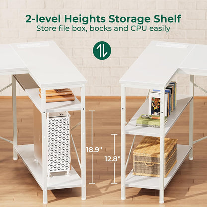 L-Shaped Office Desk with Power Outlets, 47-Inch Computer Desk Featuring 3 Drawers and Shelves for Gaming, Corner Work, Home Office, and Study - White Finish