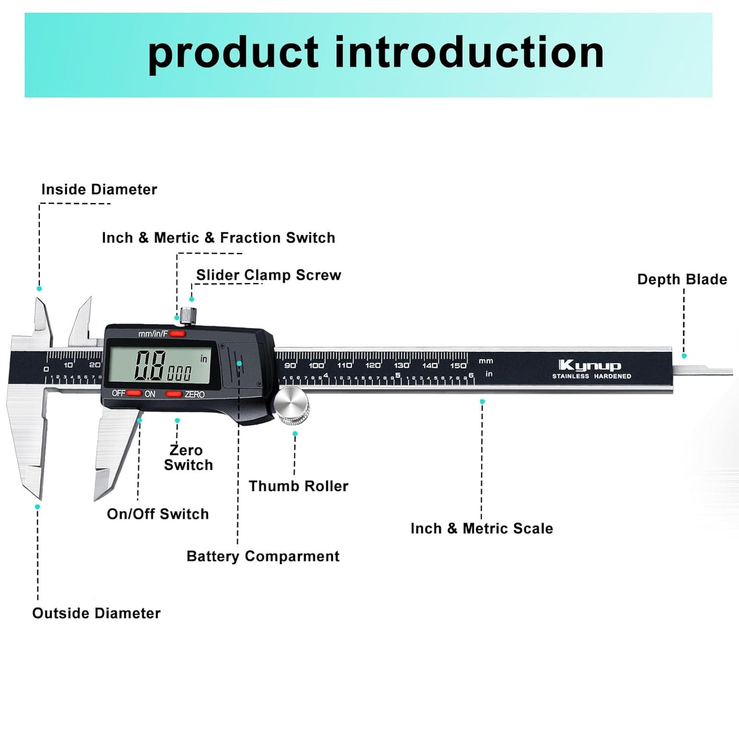 Digital Vernier Caliper, Caliper Measuring Tool, outside Micrometer Dial Caliper with Stainless Steel, Large LCD Screen, Auto - off Feature, Inch Metric Fraction Conversion (6Inch/150Mm)
