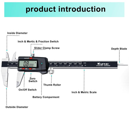 Digital Vernier Caliper, Caliper Measuring Tool, outside Micrometer Dial Caliper with Stainless Steel, Large LCD Screen, Auto - off Feature, Inch Metric Fraction Conversion (6Inch/150Mm)