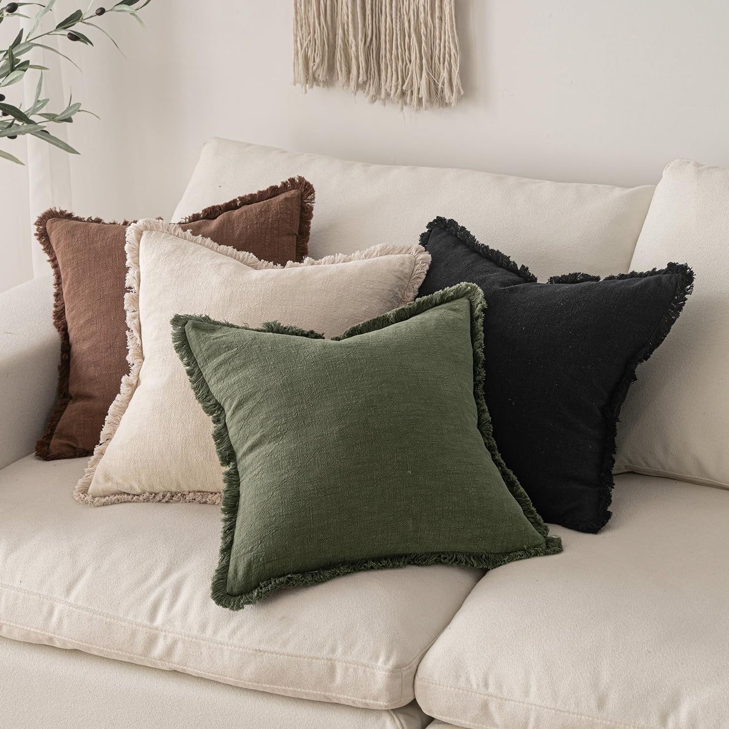 Decorative Throw Pillow Covers Neutral Linen Fringe Throw Pillows Set of 2 Black Boho Farmhouse Cushion Covers with Tassels for Couch Sofa Bed Living Room Spring Home Decor 18X18 Inch