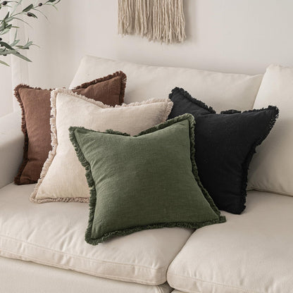 Decorative Throw Pillow Covers Neutral Linen Fringe Throw Pillows Set of 2 Black Boho Farmhouse Cushion Covers with Tassels for Couch Sofa Bed Living Room Spring Home Decor 18X18 Inch