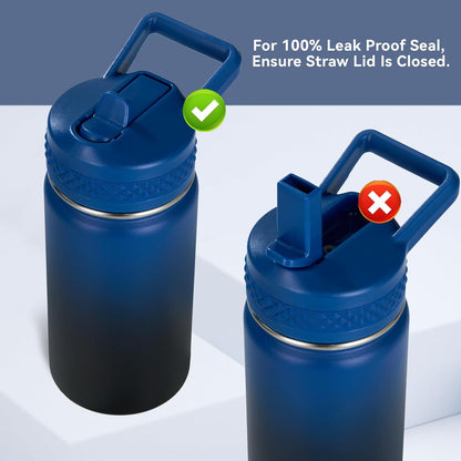 12 Oz Toddler Bottle, Kids Water Bottle for School Boys&Girls with Straws Lids, 304 Stainless Steel Vacuum Insulated Thermos, Bpa-Free, Blue Black + Cherry Blossom