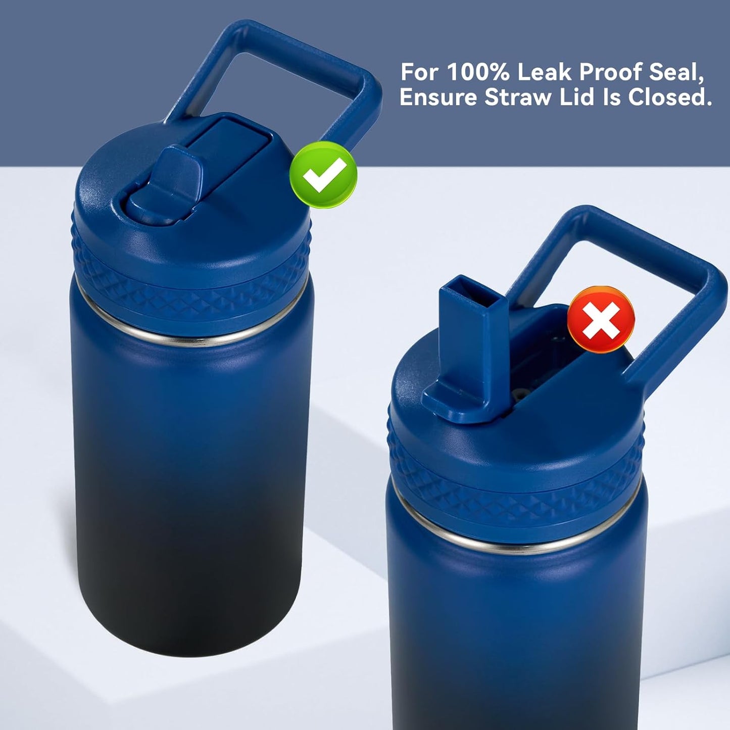 12 Oz Kids Water Bottle, Toddler Water Bottle with Straw, Boys&Girls Bottle for School, 304 Stainless Steel Vacuum Insulated Bottle for Kids, Bpa-Free, Leak-Proof, Blue Black