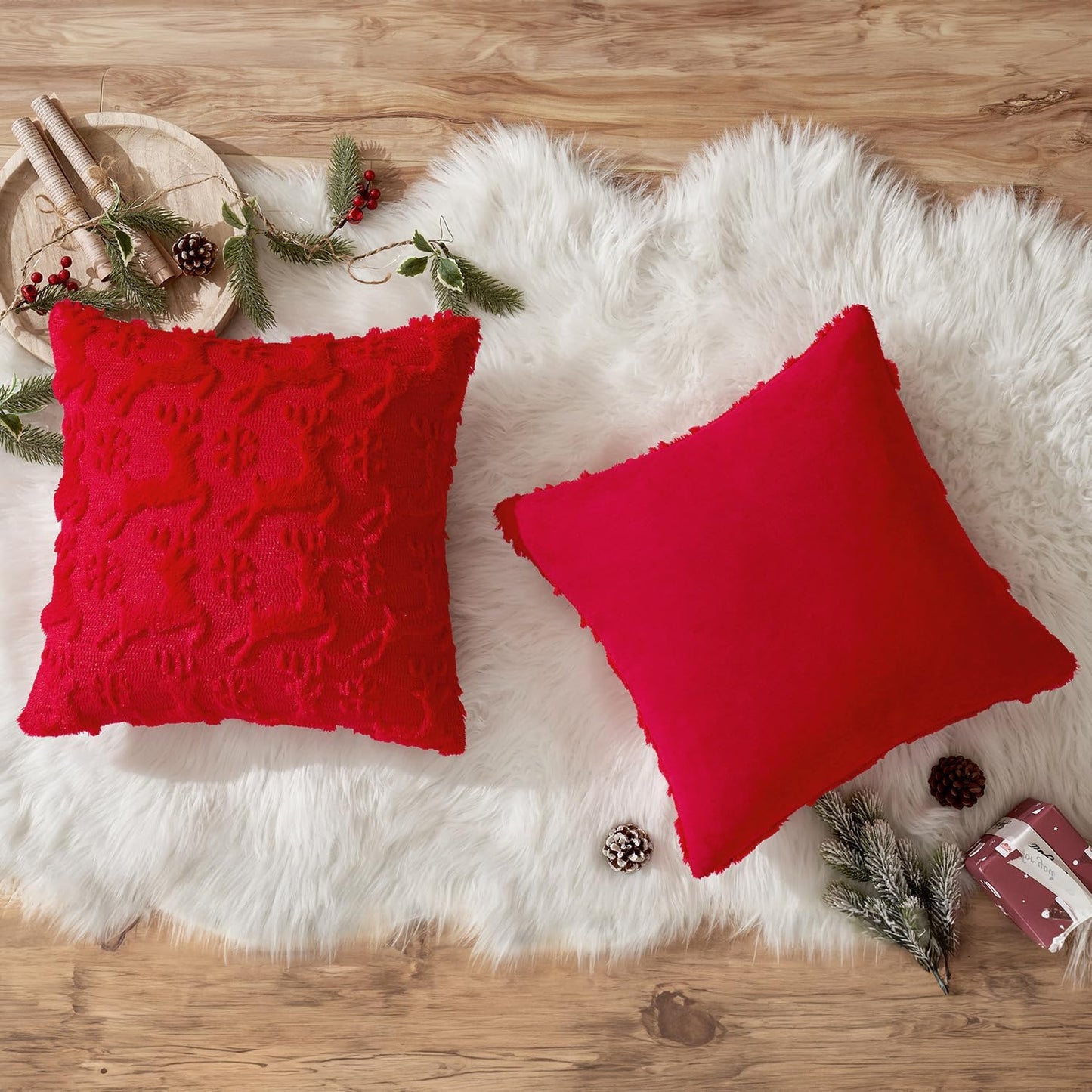 Christmas Reindeer and Snowflakes Pillow Covers 18X18 Inch Red Throw Pillows Set of 2 Decorative Festival Soft Fluffy Winter Pillow Covers for Home Decors Couch Sofa Livingroom Bed