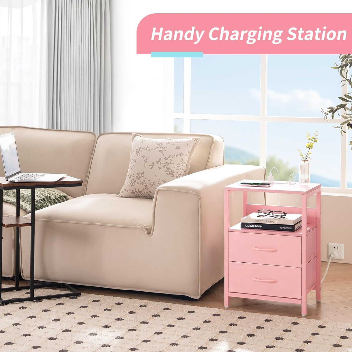 Nightstand with Charging Station, Small Night Stand with Fabric Drawers and Storage Shelf for Bedrooms, Nightstands for Small Spaces, Bedside Table with USB Ports & Outlets Bed Side Table