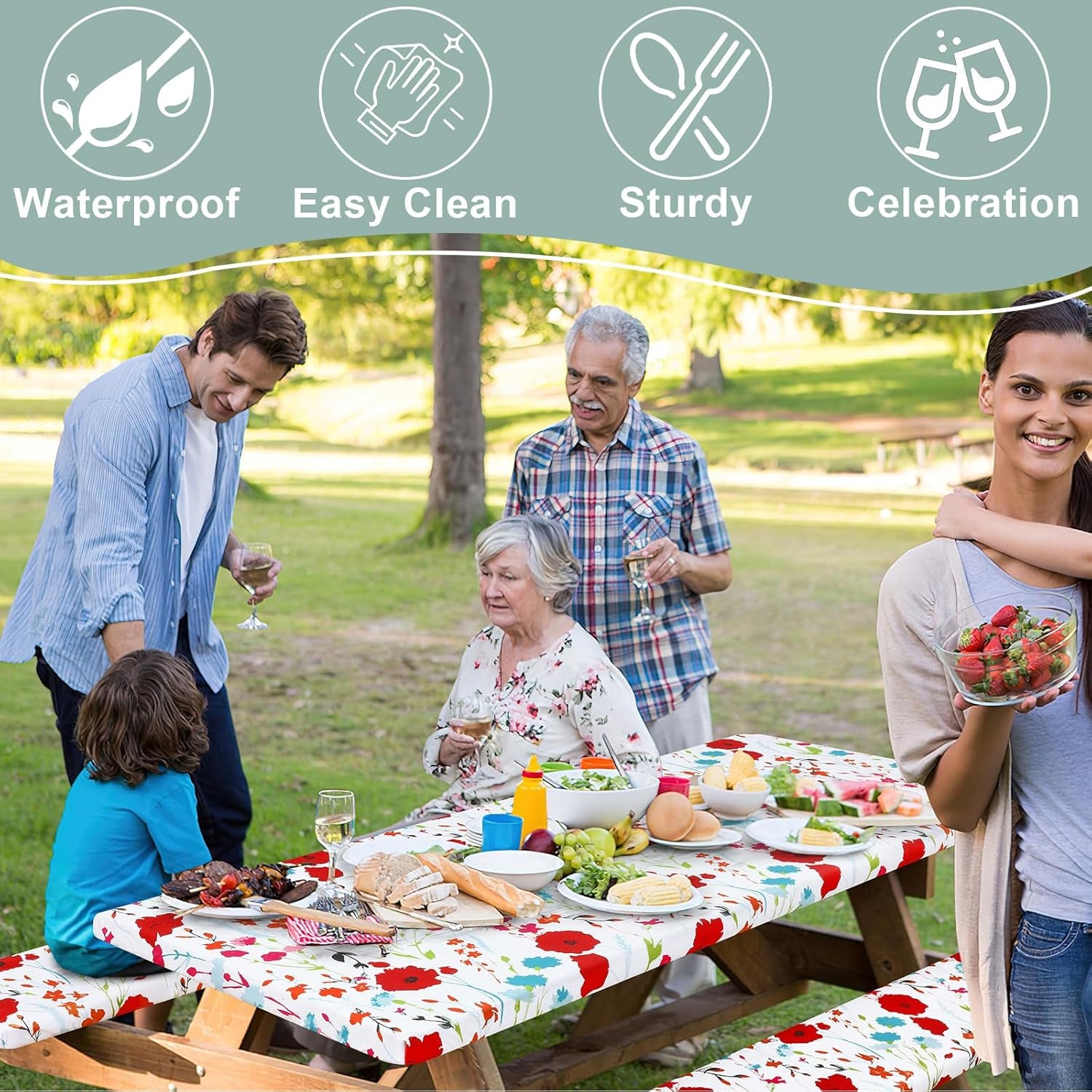 Picnic Table Cover with Bench Cover, Waterproof Elastic Fitted Tablecloth for 6 Foot Tables, Rectangle Washable Polyester Fabric Tablecloths for Picnic, Camping, Outdoor (Flower, 30" X 72")