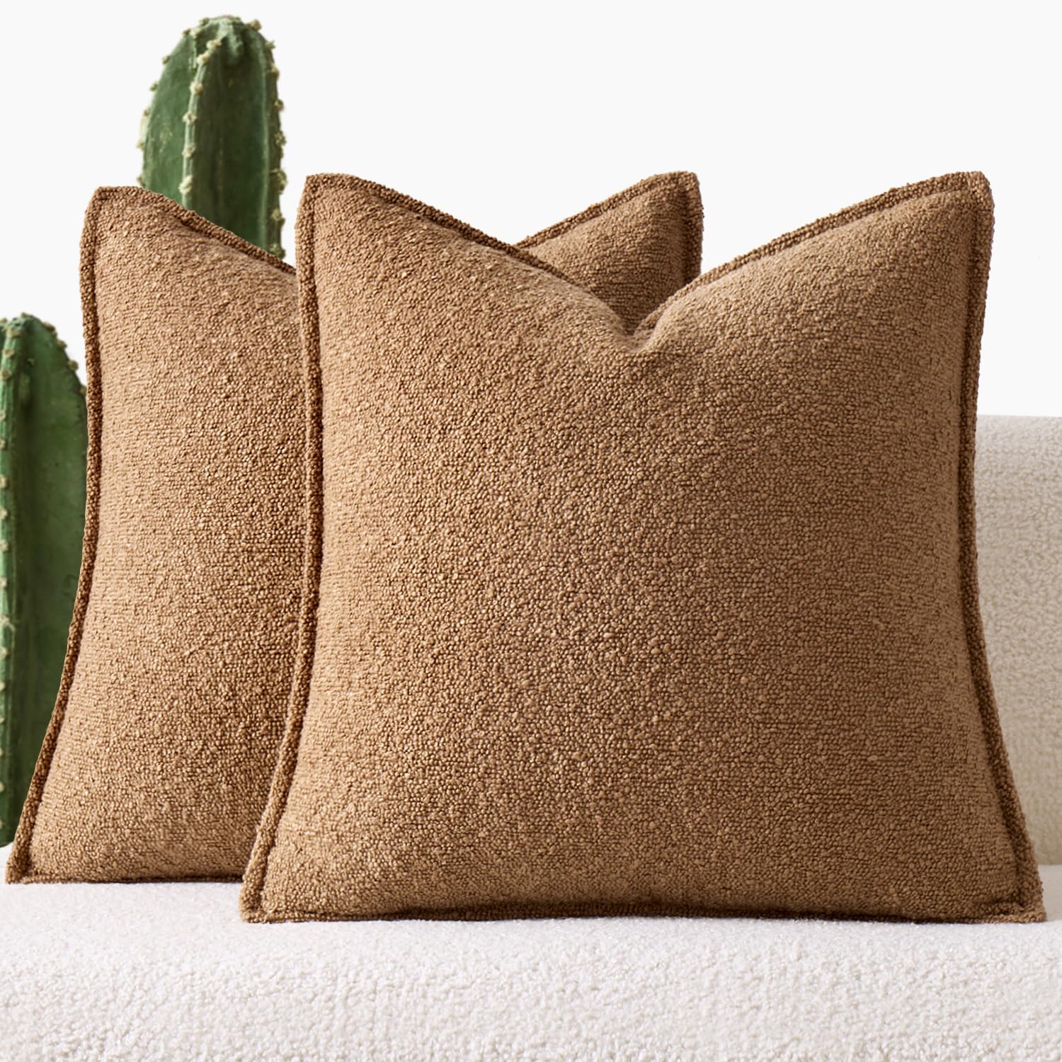 Pack of 2 Decorative Textured Boucle Throw Pillow Covers 18X18 Inch Brown Broadside Thick Boho Pillows for Farmhouse Accents Sofa Couch Bedroom Living Room Home Decor