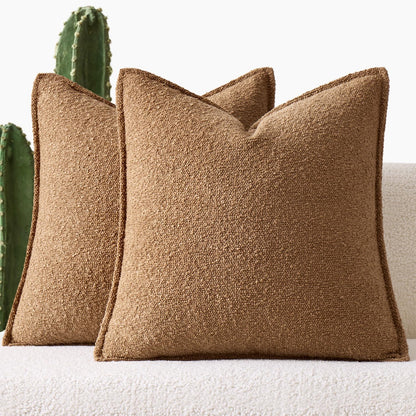 Pack of 2 Decorative Textured Boucle Throw Pillow Covers 18X18 Inch Brown Broadside Thick Boho Pillows for Farmhouse Accents Sofa Couch Bedroom Living Room Home Decor