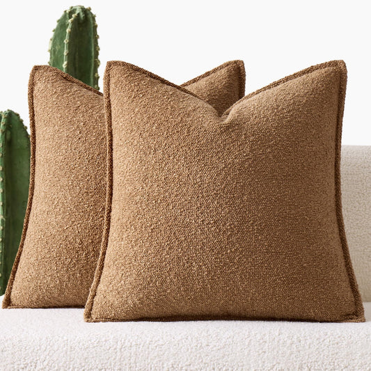 Pack of 2 Decorative Textured Boucle Throw Pillow Covers 18X18 Inch Brown Broadside Thick Boho Pillows for Farmhouse Accents Sofa Couch Bedroom Living Room Home Decor