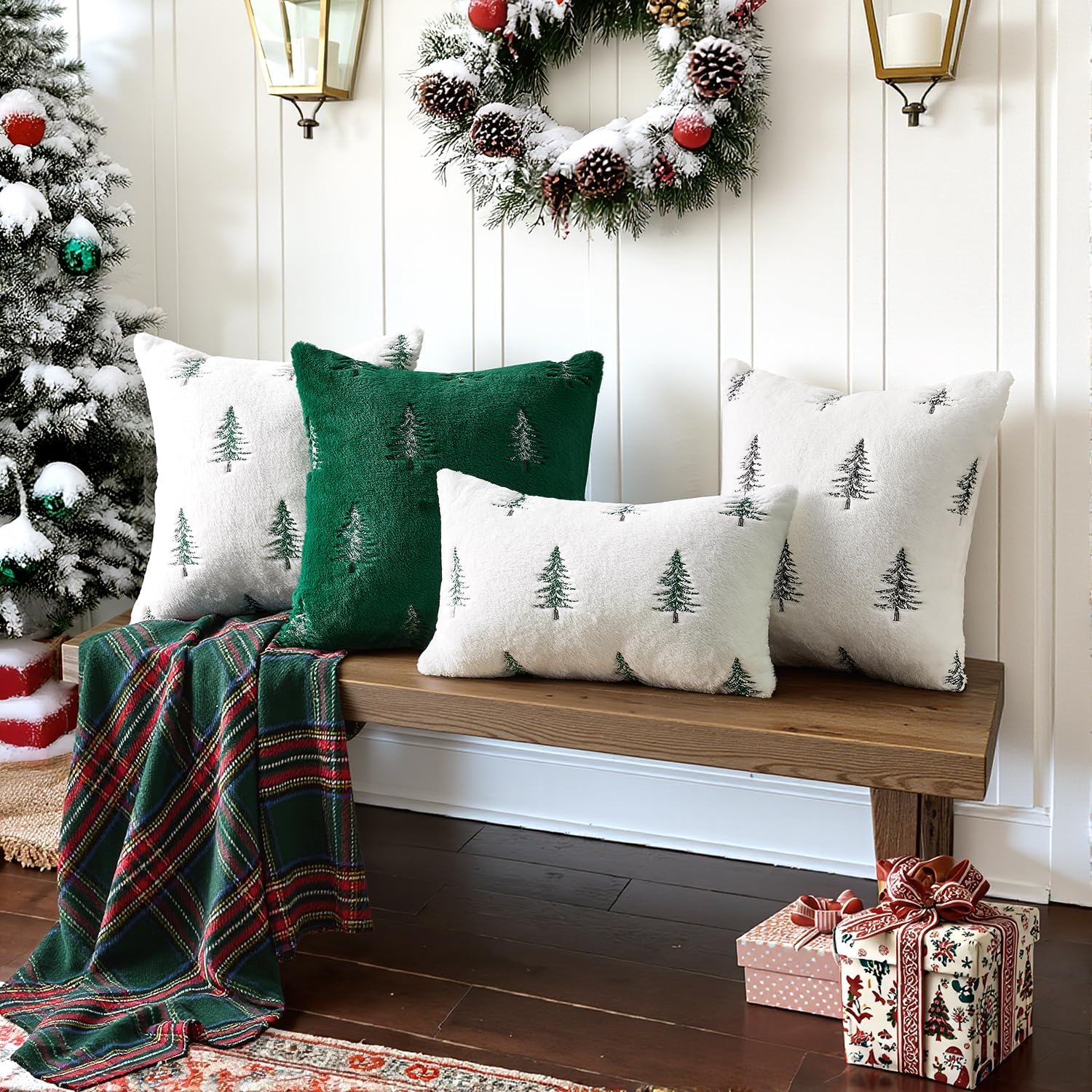 Christmas Decorative Pillow Covers Set of 2 Faux Fur Throw Pillows with Embroidered Christmas Tree 18X18 Inch White Black Winter Couch Covers for Festival Sofa Bedroom Living Room Home Decor