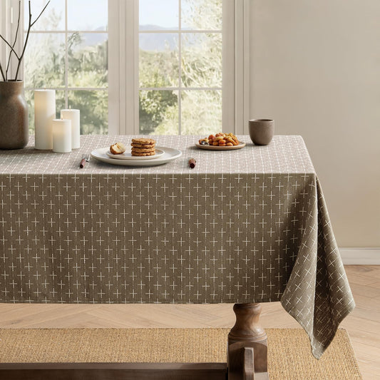 Taupe Linen Table Cloth Rectangle Tablecloth Waterproof Spillproof Cross-Star Textured Table Cloth, Decorative Rustic Farmhouse Style for Dining/Party/Buffet/Wedding,52X70 Inch