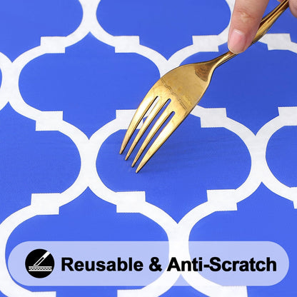 round Picnic Tablecloth, Waterproof Elastic Fitted Table Covers for 36" - 44" Tables, Wipeable Flannel Backed Vinyl Tablecloths for Camping, Indoor, Outdoor, Blue & White