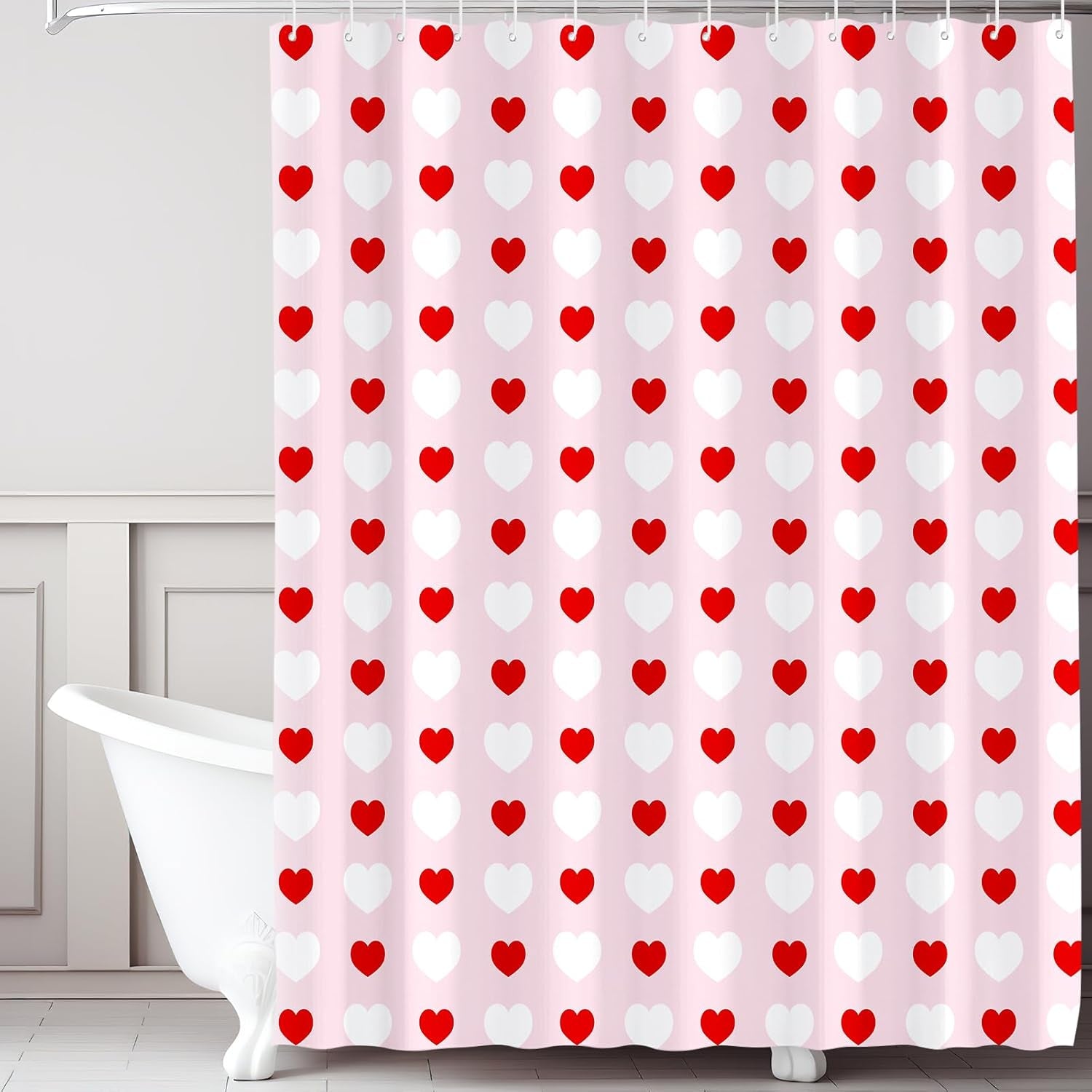 71 X 71 Inches Valentines Shower Curtain Red and White Love Heart Theme Romantic Bathroom Curtain Waterproof Polyester Curtain with Hooks Set for Valentine'S Bathroom Decorations