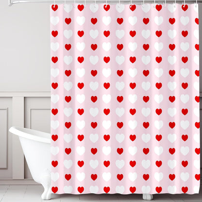 71 X 71 Inches Valentines Shower Curtain Red and White Love Heart Theme Romantic Bathroom Curtain Waterproof Polyester Curtain with Hooks Set for Valentine'S Bathroom Decorations