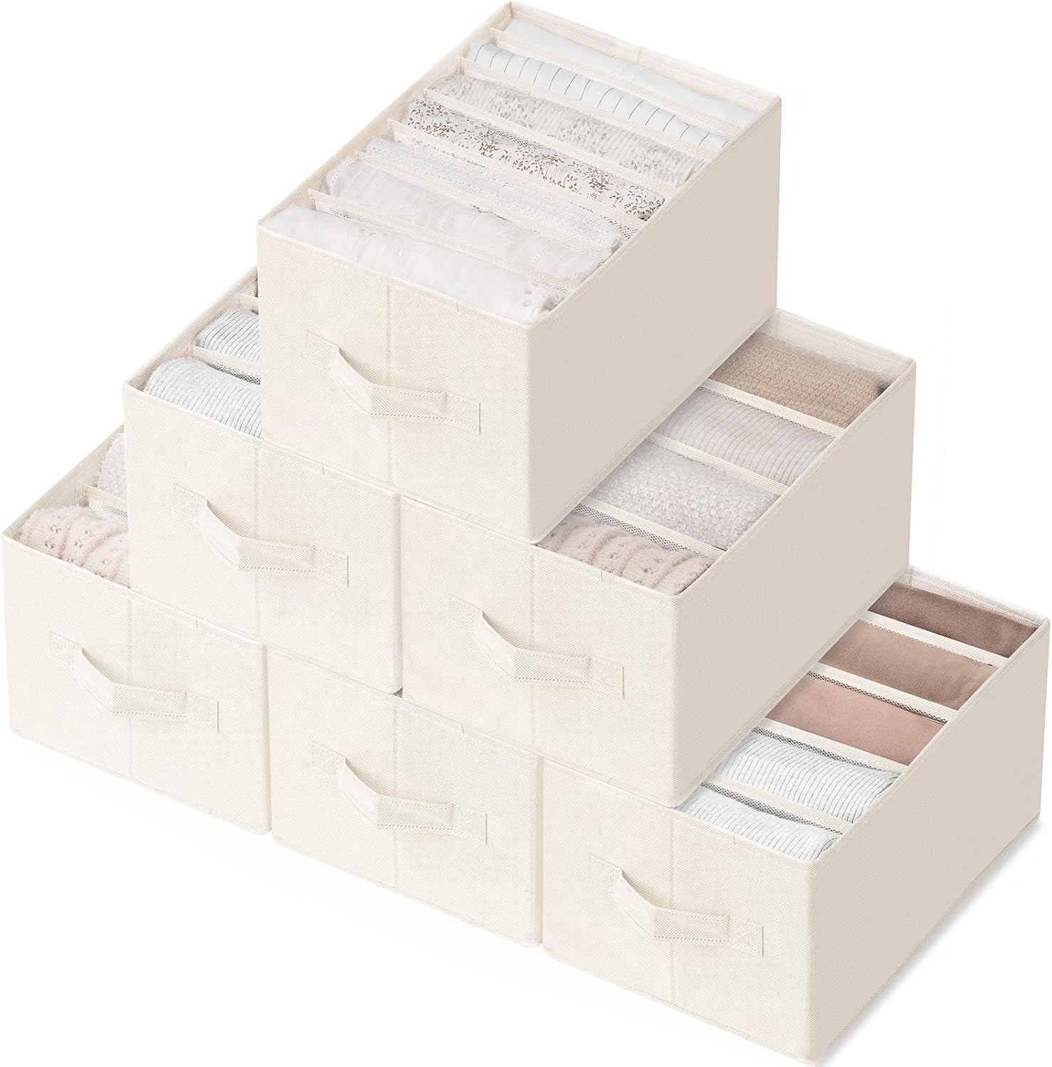 6 Pack Large Clothes Organizer, Wardrobe Closet Organizer and Storage with Handles, Foldable Fabric Closet Organizers Dividers for Clothing, Pants, Jeans, Sweater, T-Shirts, Beige