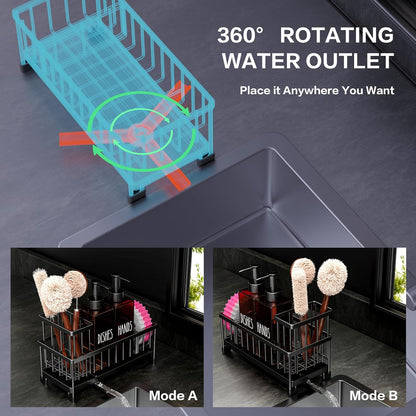 Dish Soap Dispenser, 12 Fl Oz Dual Kitchen Soap Dispensers with Sponge Holder, Plastic Pump Amber Glass Bottle Kitchen Soap Dispenser Set, Modern Hand and Dish Soap Bottle Set Removable