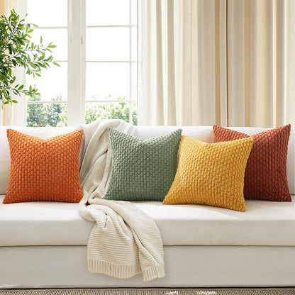 Set of 4 Fall Burnt Orange Corduroy Throw Pillow Covers - Boho Striped Decorative Cushion Cases for Couch, Bed, and Sofa - 18x18 Inch Farmhouse Home Decor