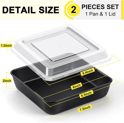 Square Baking Pan with Lid, Nonstick Stainless Steel Square Cake Pan and Plastic Lid, Black Bakeware Tin for Lasagna Brownies, Sturdy & Easy Clean, (8 Inch, 2Pcs)