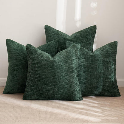 Christmas Green Pack of 4 Couch Throw Pillow Covers 18X18 Inch Soft Decorative Chenille Pillow Covers Farmhouse Accent Cushion Covers for Boho Home Decor Sofa Bedroom Living Room