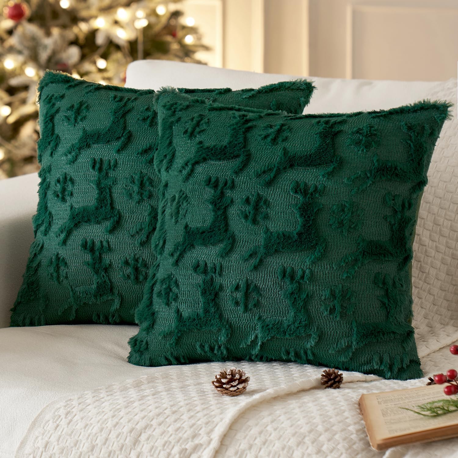 Christmas Reindeer and Snowflakes Pillow Covers 18X18 Inch Dark Green Throw Pillows Set of 2 Decorative Festival Soft Fluffy Winter Pillow Covers for Home Decors Couch Sofa Livingroom Bed