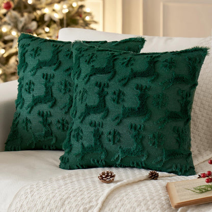 Christmas Reindeer and Snowflakes Pillow Covers 18X18 Inch Dark Green Throw Pillows Set of 2 Decorative Festival Soft Fluffy Winter Pillow Covers for Home Decors Couch Sofa Livingroom Bed