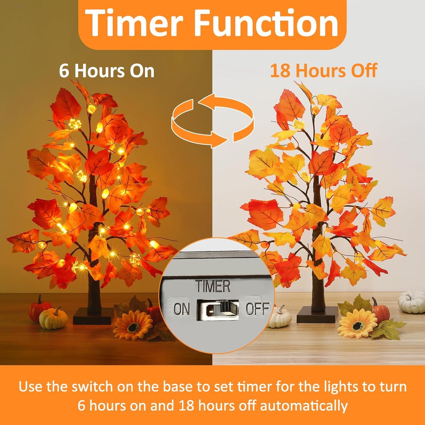 2 Pack 23.5 Inch Fall Trees with Lights, Timer Battery Operated Fall Light up Tree for Thanksgiving Autumn Home Office Room Indoor Decorations, Faux Fall Lighted Maple Trees Decor