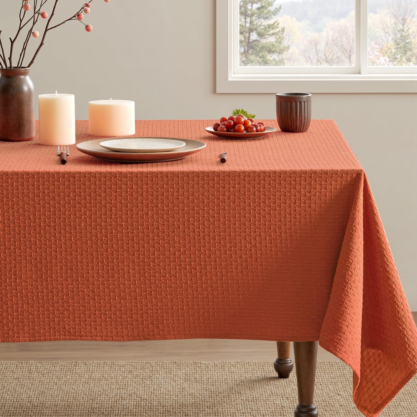 Fall Tablecloth Burnt Orange Linen Cottton Table Cloth Rectangle Waterproof Spillproof Cross-Star Textured Decorative Farmhouse Style for Dining Party Weddings 52X70 Inch