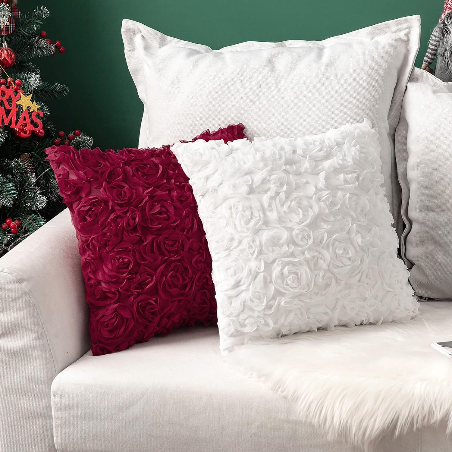 Pack of 2 3D Decorative Christmas Romantic Stereo Chiffon Rose Flower Pillow Covers Solid Square Festival Pillowcases for Valentines Day Sofa Bedroom Car 18X18 Inch Wine Red Wedding