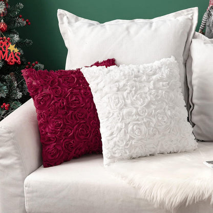 Pack of 2 3D Decorative Christmas Romantic Stereo Chiffon Rose Flower Pillow Covers Solid Square Festival Pillowcases for Valentines Day Sofa Bedroom Car 18X18 Inch Wine Red Wedding