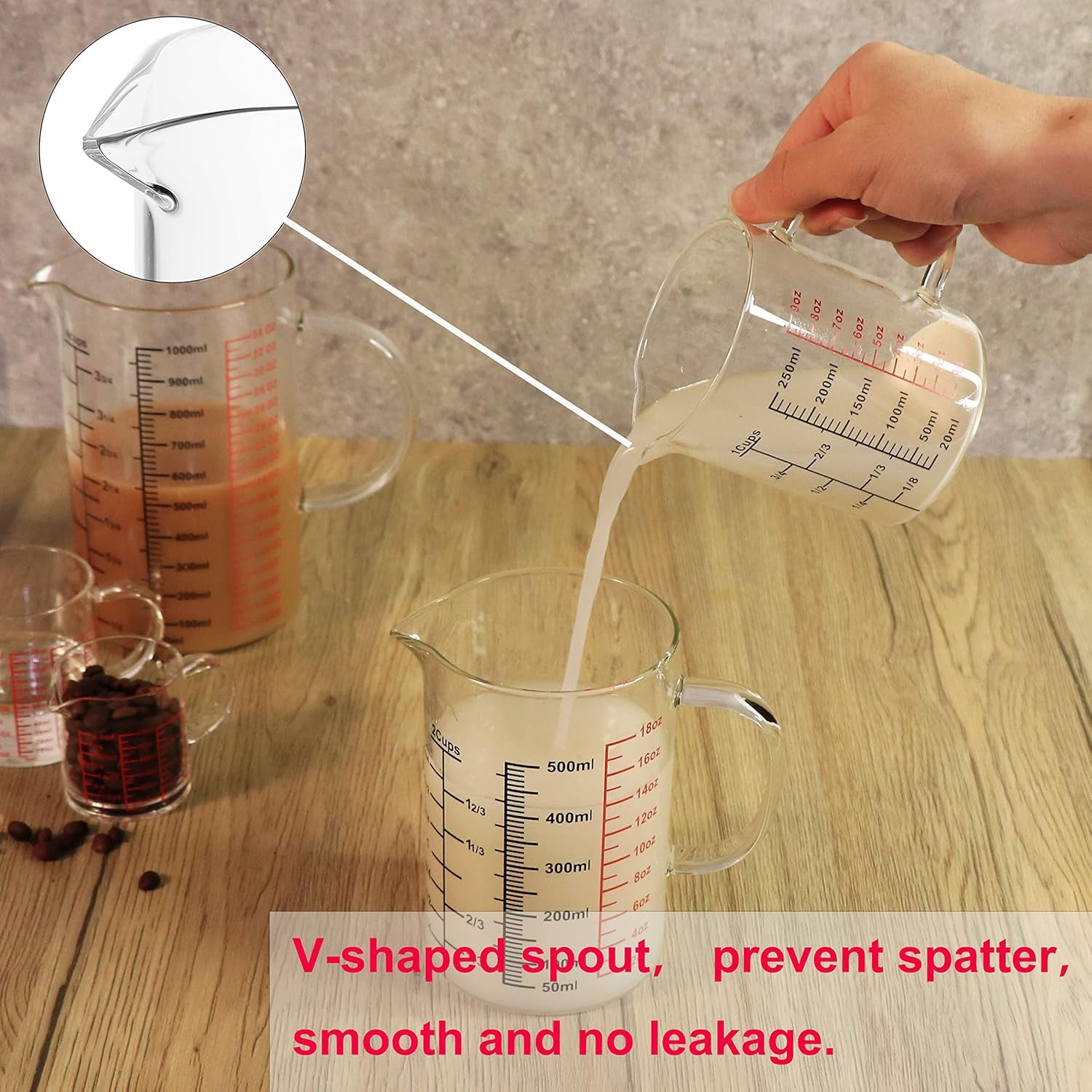 Glass Measuring Cup-[Insulated Handle | V-Shaped Spout]-Made of High Borosilicate Glass Measuring Cup for Kitchen or Restaurant, Easy to Read, 250 ML (8 Oz, 1 Cup)